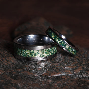 Moss Agate Matching Wedding Band Set — His and Hers 8mm & 4mm Silver Tungsten Couple Rings 1