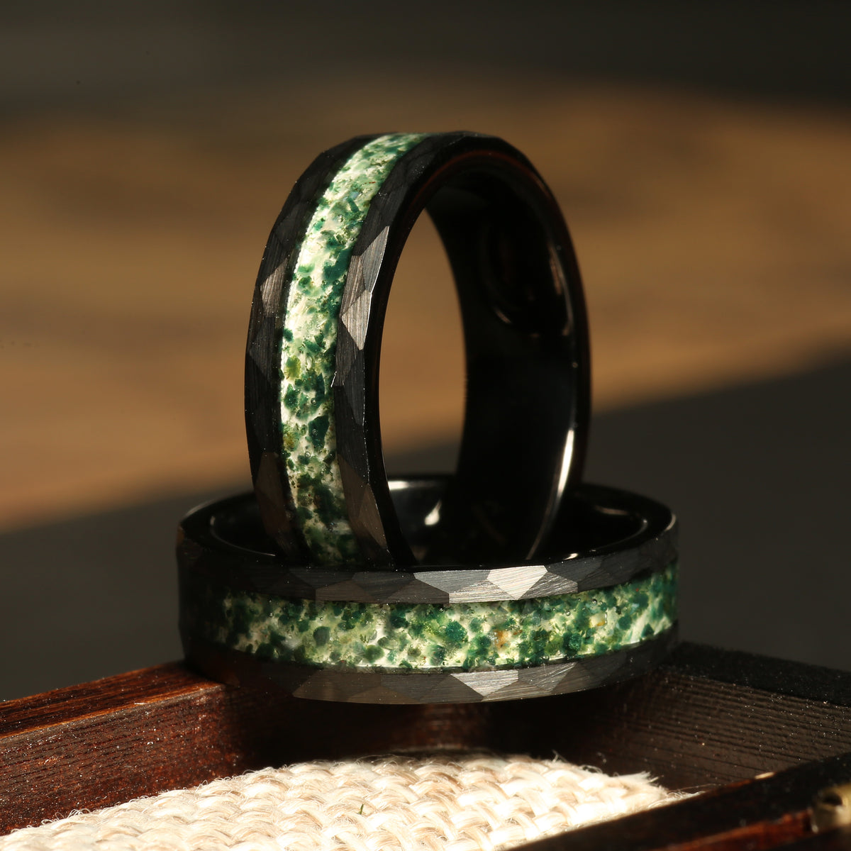 Moss agate wedding band for him or her with black hammered tungsten