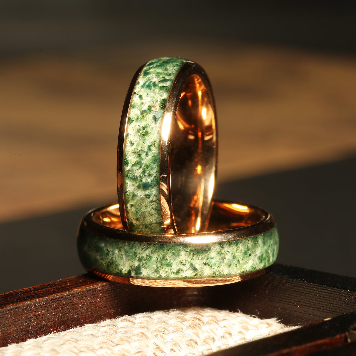 Moss agate wedding band with rose gold tungsten