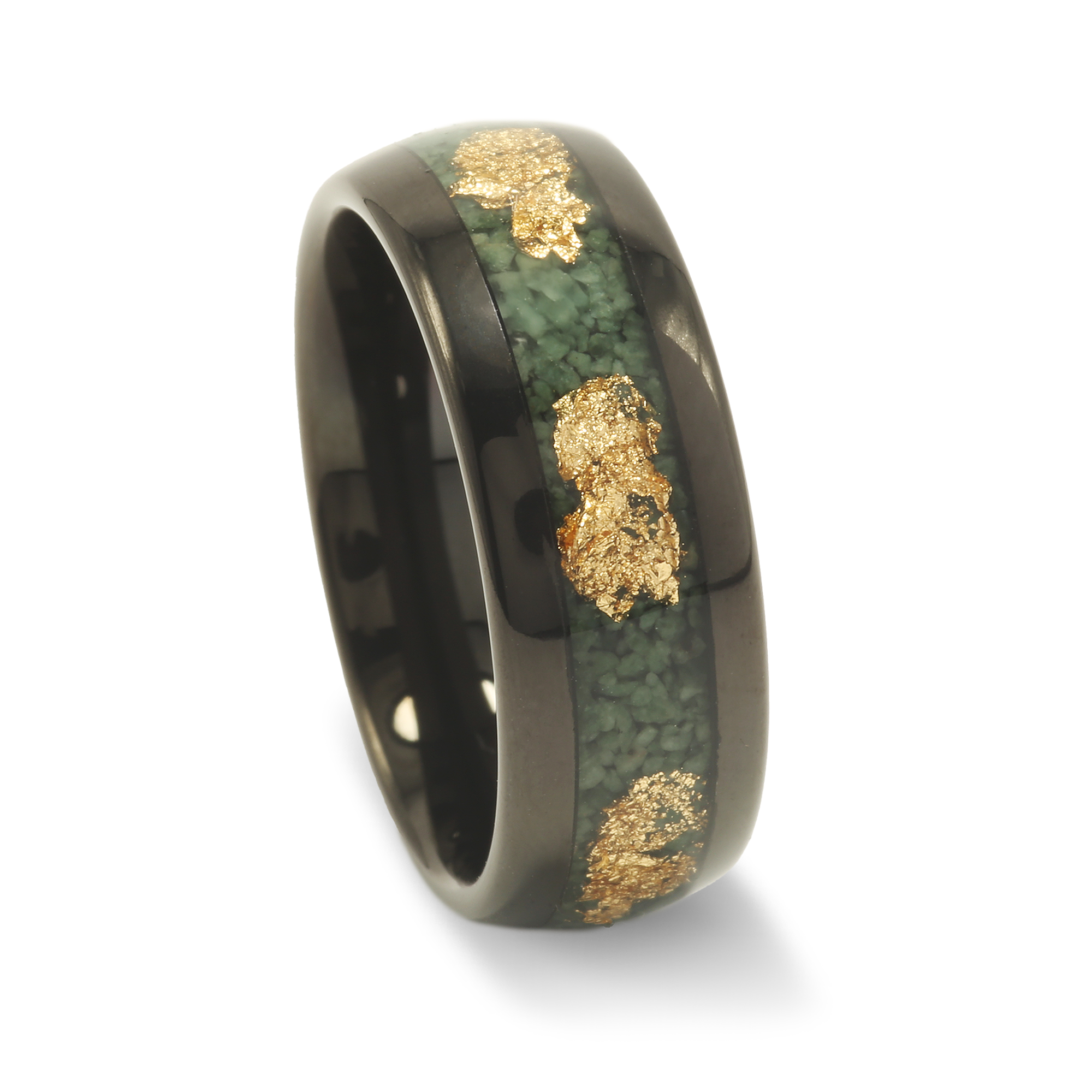 Moss Agate Gold Leaf Wedding Band for Men | 8mm Black Tungsten Ring