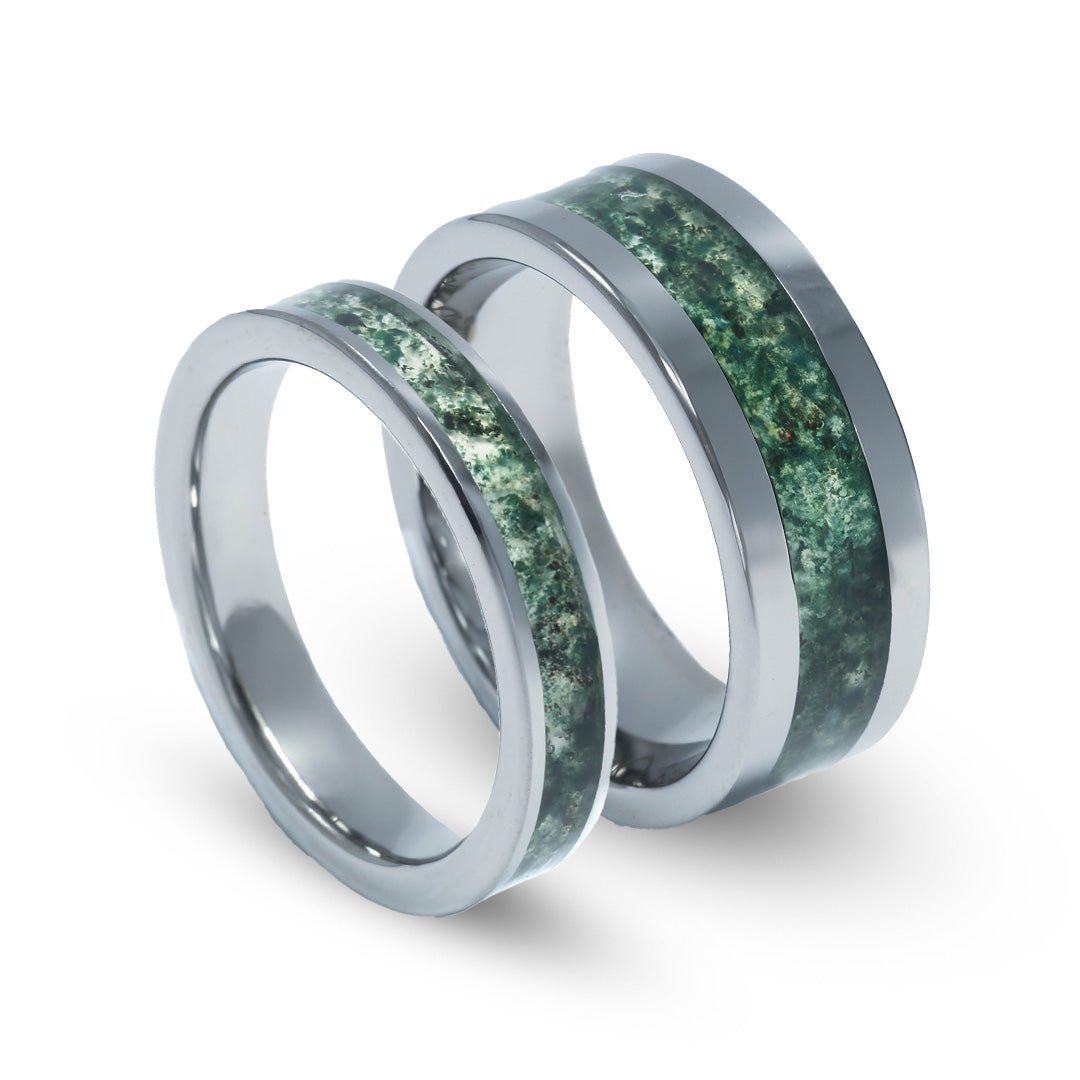 Moss agate wedding rings for couples with clean silver finish