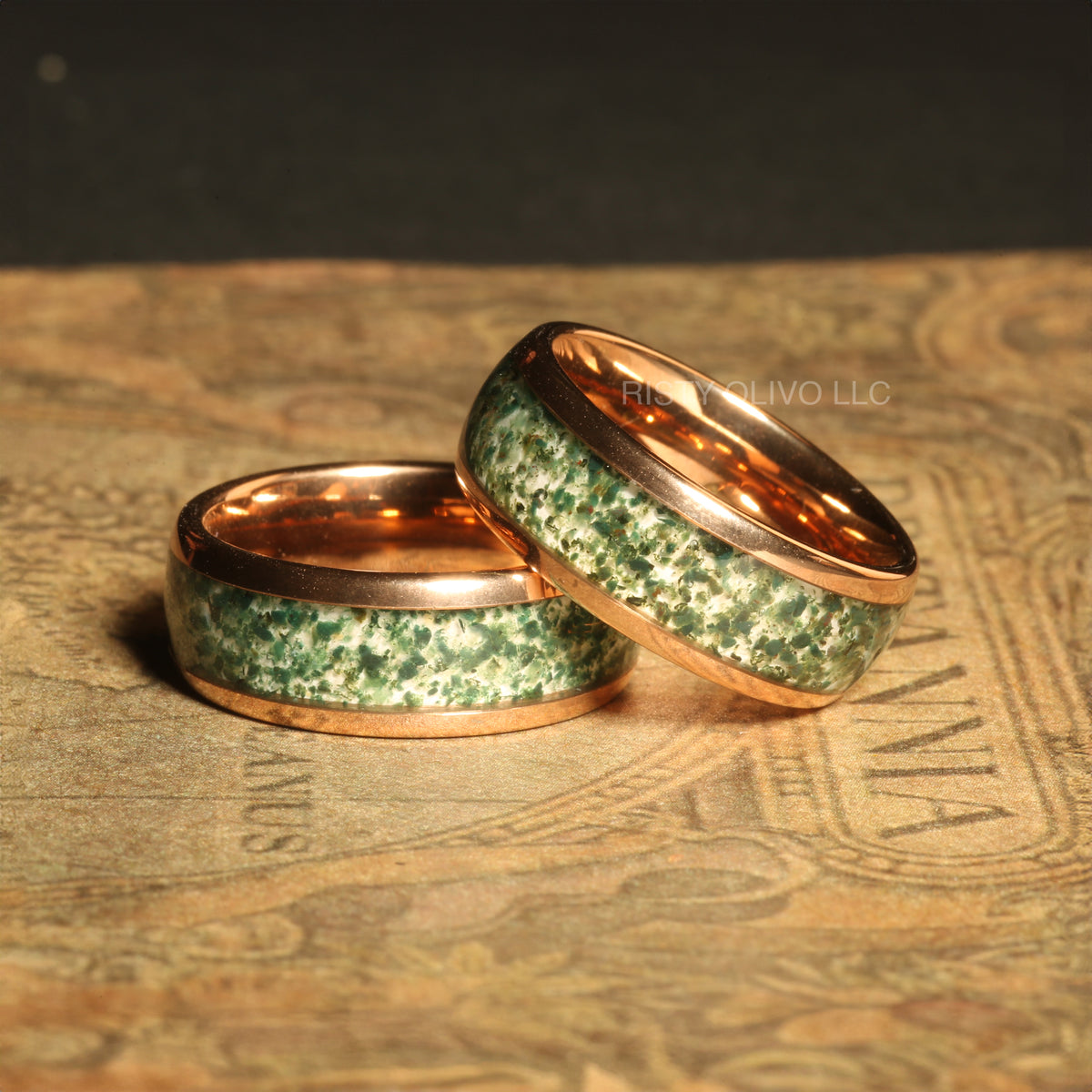 Moss agate wedding rings with rose gold tungsten and natural inlays