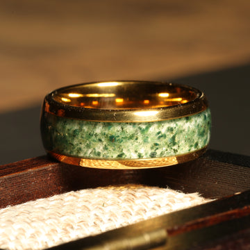 Evergold Moss Agate Matching Wedding Band Set | His and Hers Yellow Gold Tungsten Rings 7