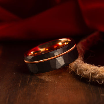 Guitar String Wedding Band for Men | 8mm Black Hammered Tungsten Ring 7