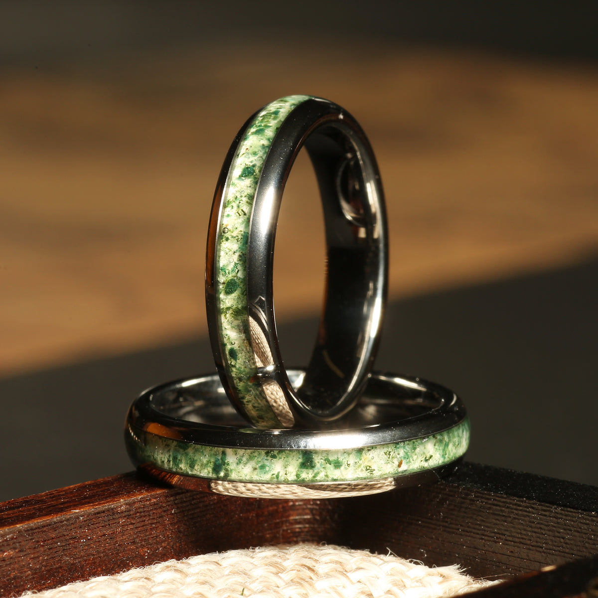 Natural green moss agate couple bands with clean silver metal contrast