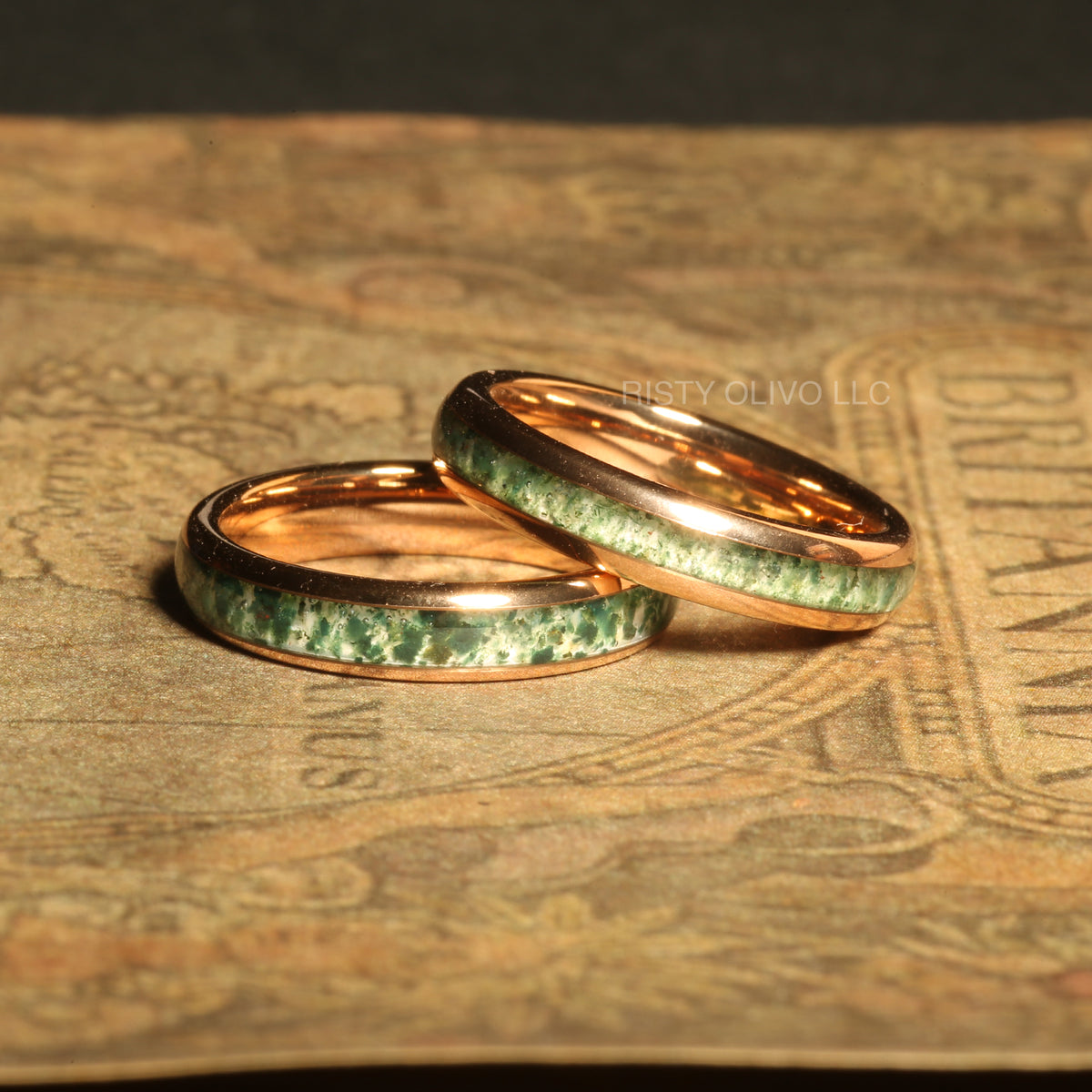 Nature inspired moss agate couple bands with rose gold strength