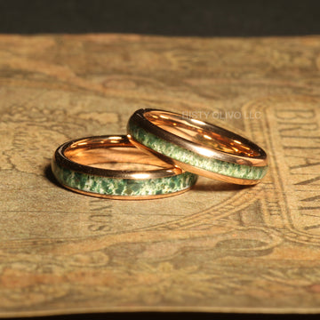 Moss Agate Rose Gold Matching Wedding Band Set | His and Hers Tungsten Rings 8