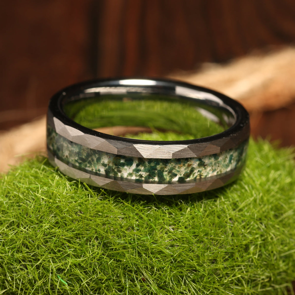 Nature inspired moss agate ring for men with silver tungsten