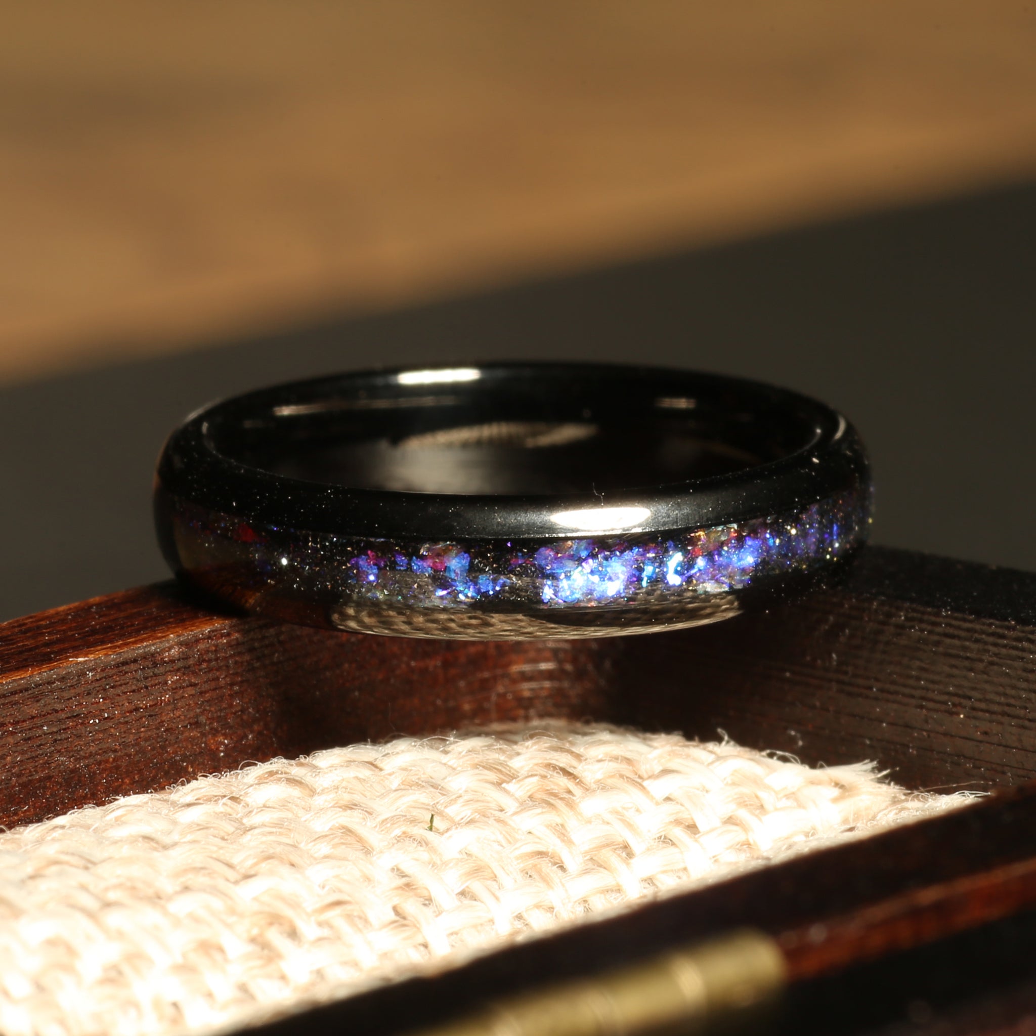 Nebula Blue Sandstone Ring for Women | 4mm Black Tungsten Band