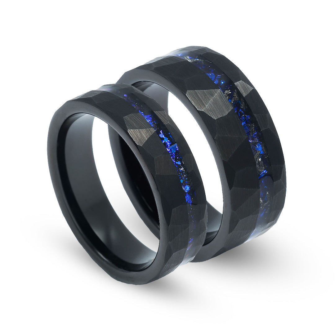 Nebula Sandstone Meteorite Matching Wedding Band Set | His and Hers Black Hammered Tungsten Rings