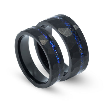 Nebula Sandstone Meteorite Matching Wedding Band Set | His and Hers Black Hammered Tungsten Rings 1