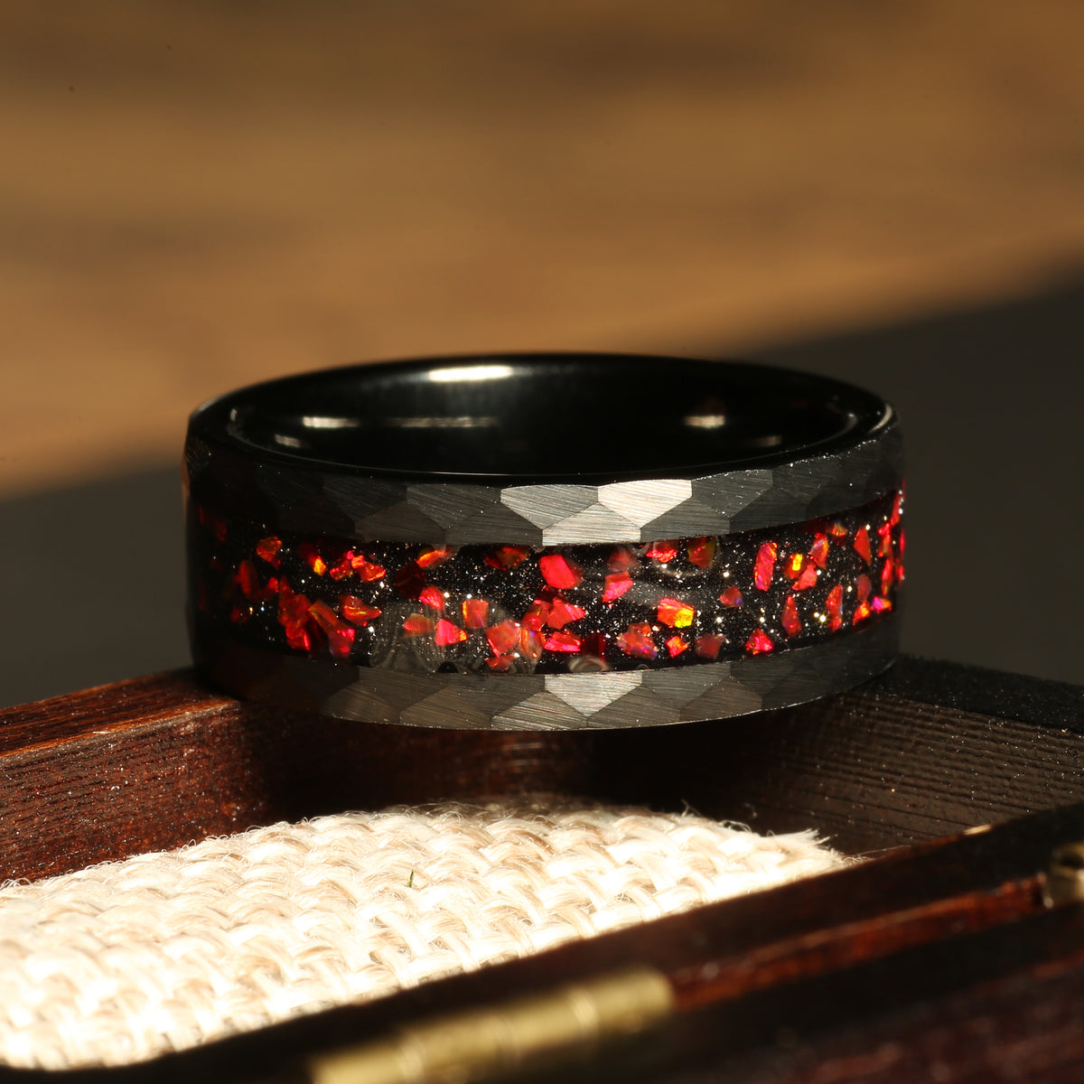 Obsidian garnet ring for men with black tungsten