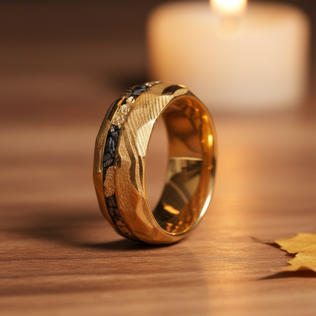 Obsidian gold leaf Damascus ring for men with rare meteorite inlay