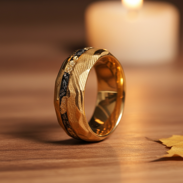 Meteorite Obsidian Gold Leaf Damascus Wedding Band for Men | 8mm Forged Ring 6