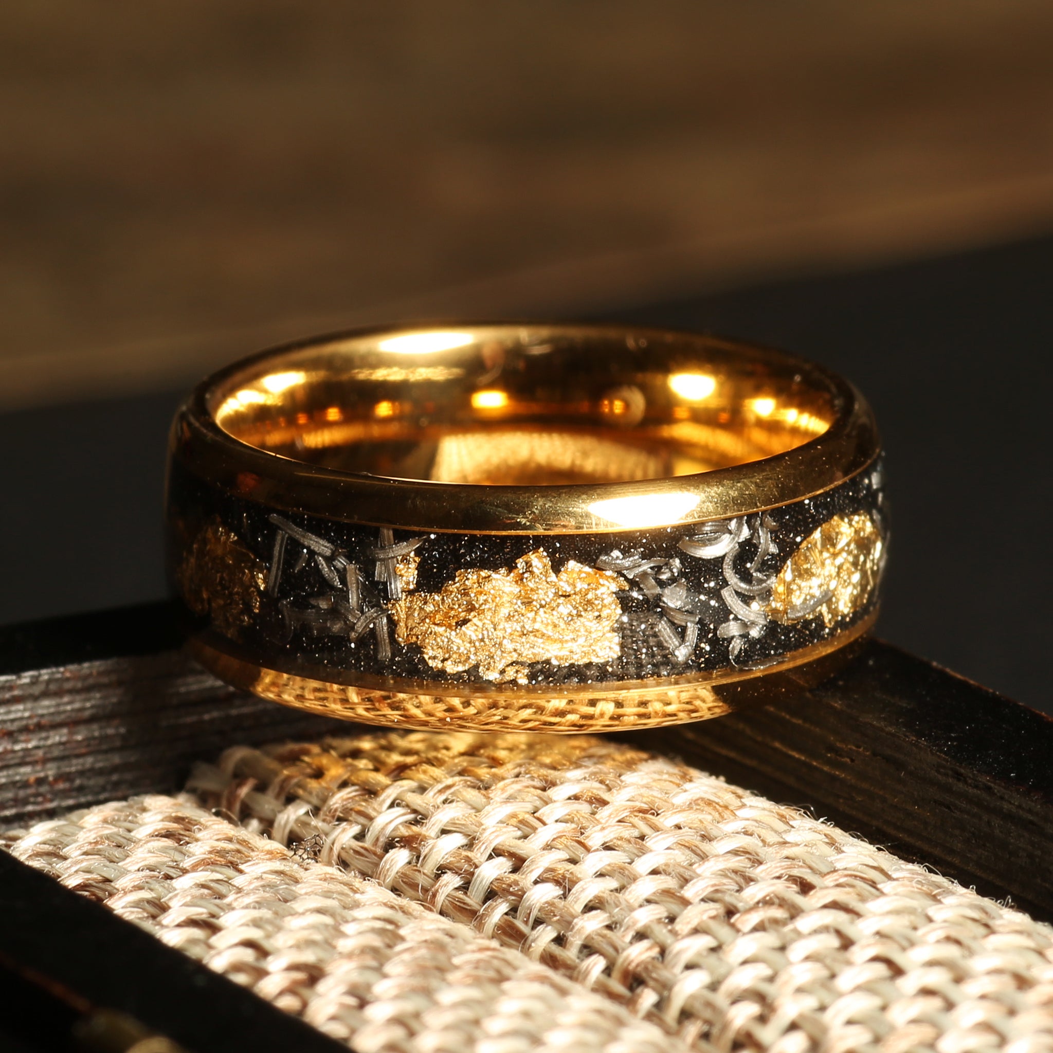 Obsidian Meteorite Gold Leaf Wedding Band for Men | 8mm Yellow Gold Tungsten Ring