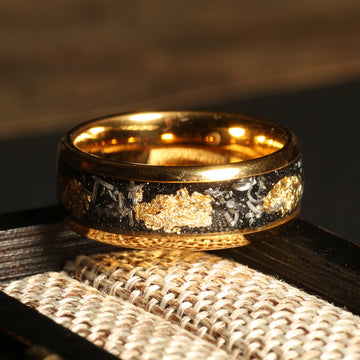 Obsidian Meteorite Gold Leaf Wedding Band for Men | 8mm Yellow Gold Tungsten Ring 2