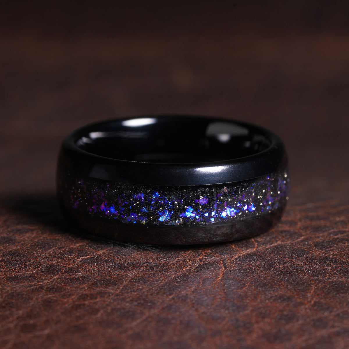 Galaxy Opal Nebula Men's Wedding Band | 8mm Black Tungsten Ring with Cosmic Opal Inlay