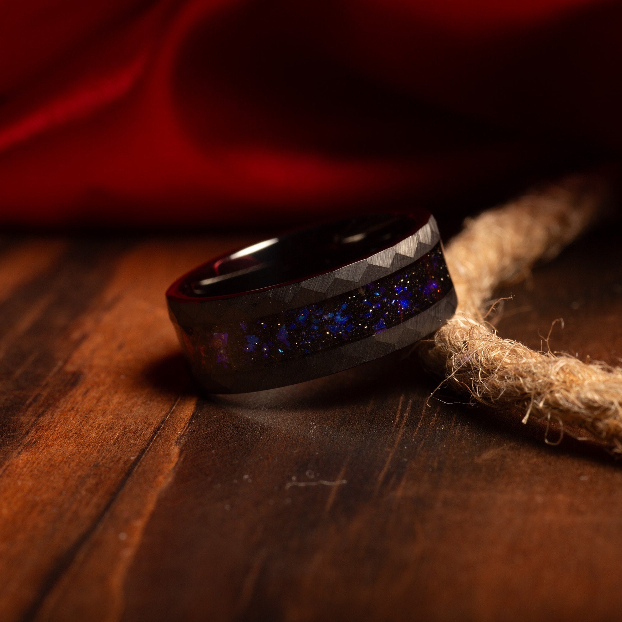 Orion Blue Sandstone Wedding Band for Men | Black Hammered Tungsten Ring