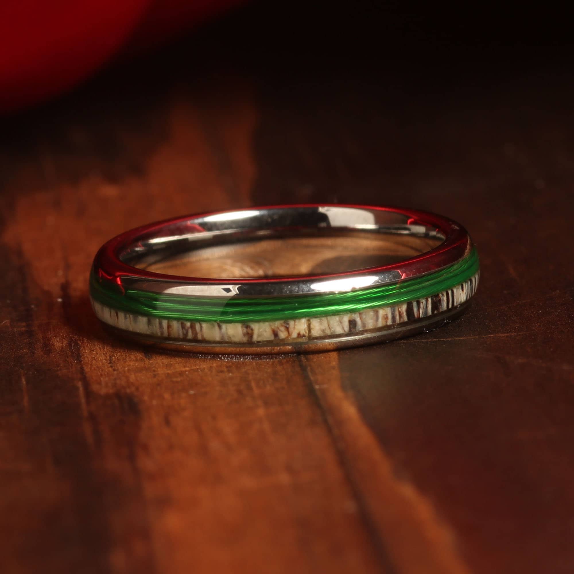 Deer Antler Fishing Line Matching Wedding Band Set | His and Hers Silver Tungsten Rings