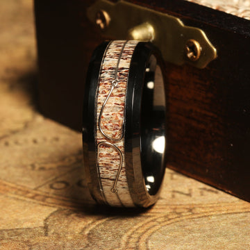 Fishing Hook Deer Antler Wedding Band for Men | 8mm Black Tungsten Ring 8