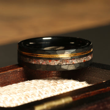 Pink Sand Gold Strip Wedding Band | 6mm Black Hammered Tungsten Ring 2