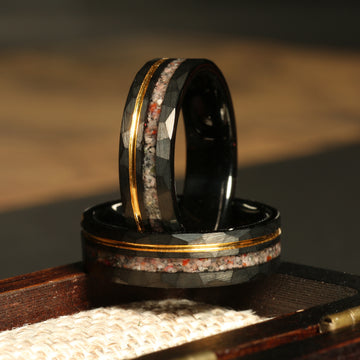 Pink Sand Gold Strip Wedding Band | 6mm Black Hammered Tungsten Ring 1