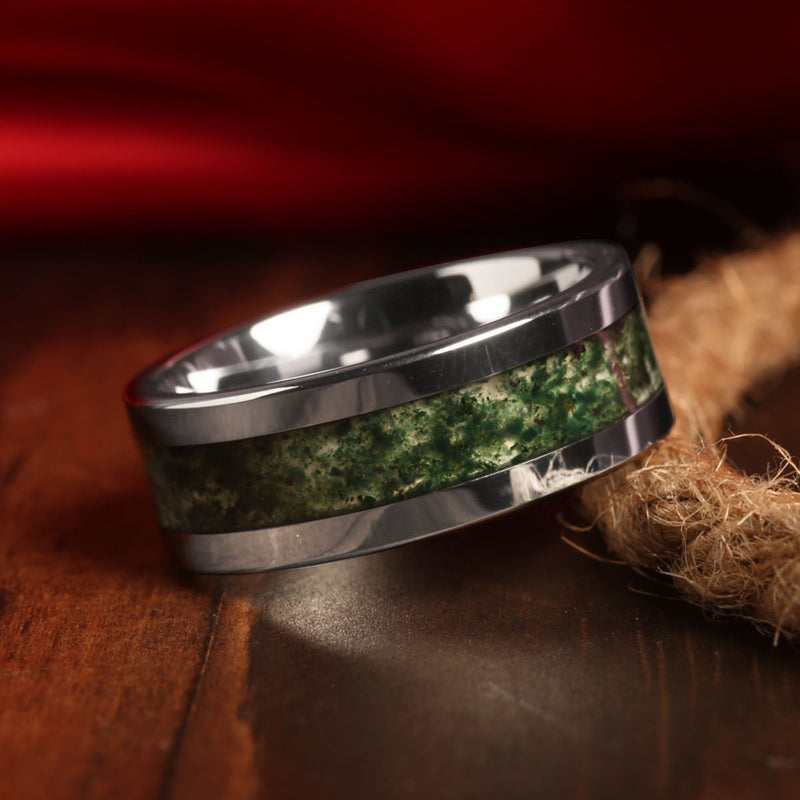 Polished moss agate ring for men with silver tungsten