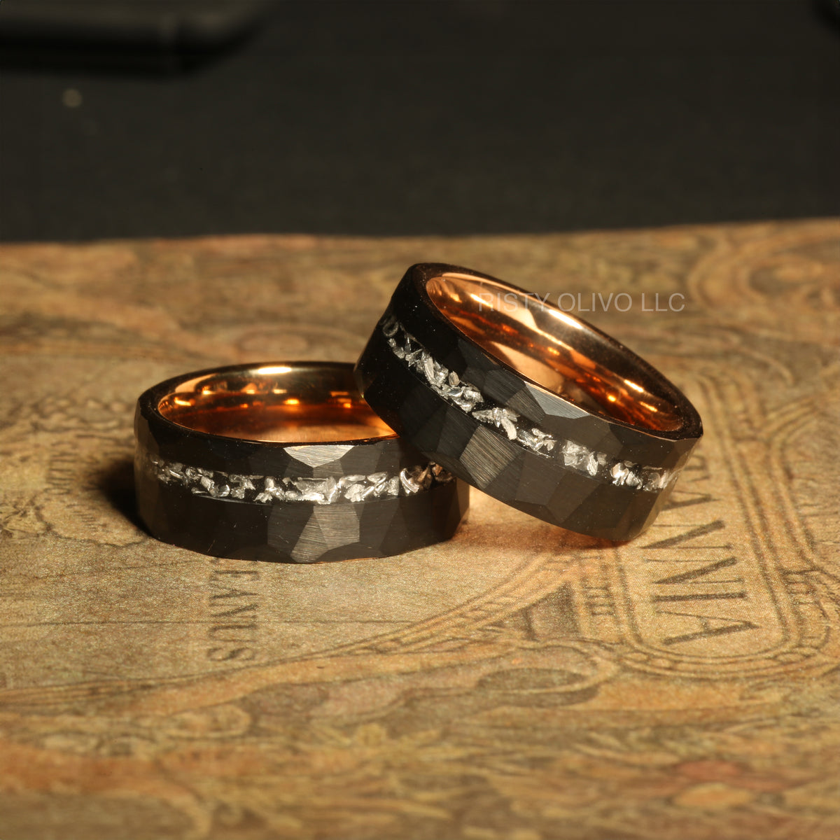Rare meteorite black tungsten wedding ring for men with rugged texture