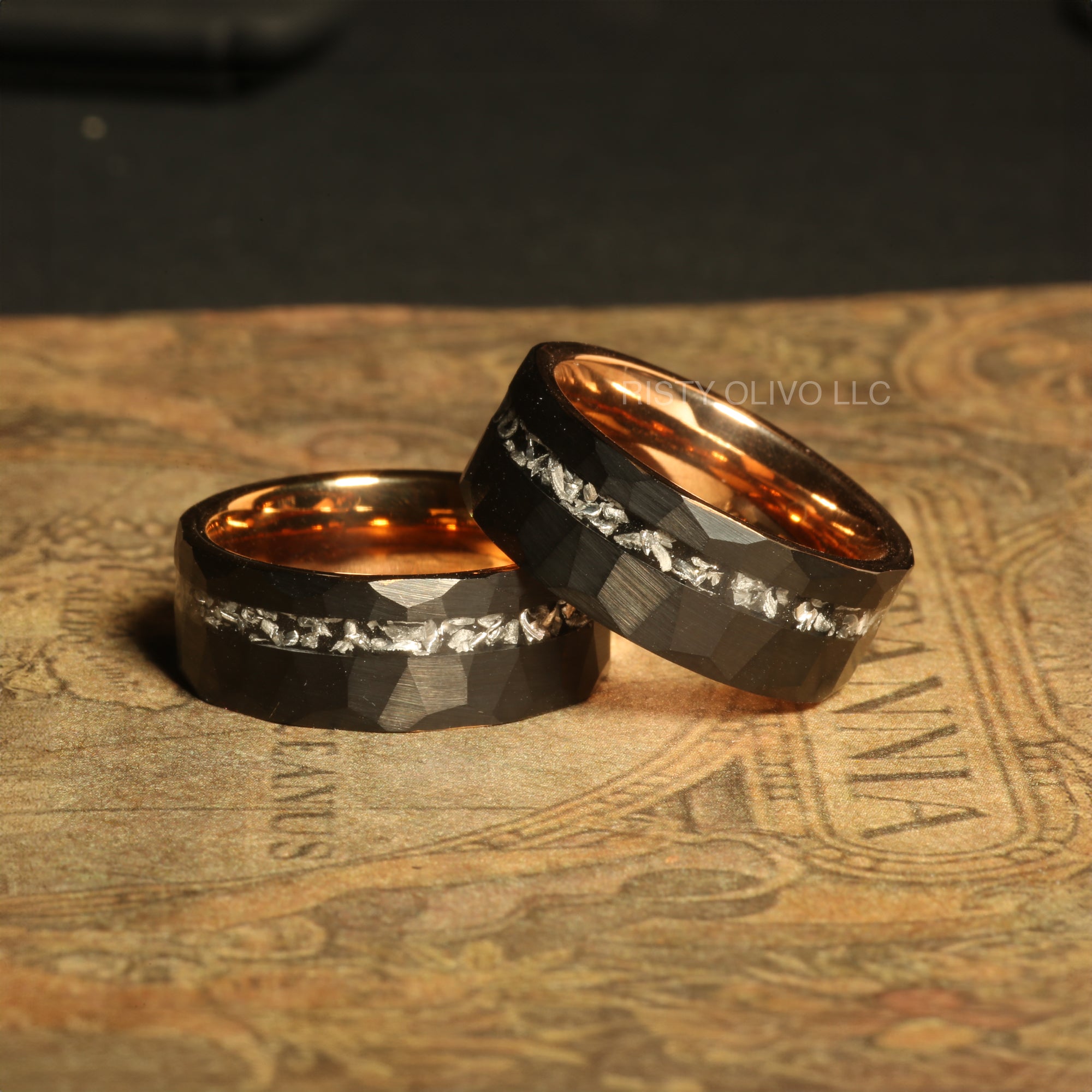 Meteorite Black Tungsten Wedding Band for Men | 8mm Rose Gold Interior Ring