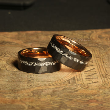 Meteorite Black Tungsten Wedding Band for Men | 8mm Rose Gold Interior Ring 8