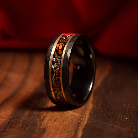 Rare meteorite dinosaur bone tungsten ring with black finish