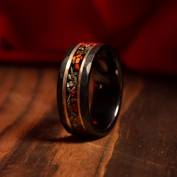 Meteorite Dinosaur Bone Rose Gold Strip Wedding Band for Men | 8mm Black Tungsten Ring 8