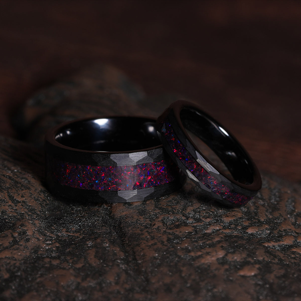 His and Hers Fire Opal Matching Wedding Band Set | 8mm & 4mm Black Hammered Tungsten Couple Rings