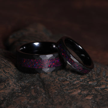 His and Hers Fire Opal Matching Wedding Band Set | 8mm & 4mm Black Hammered Tungsten Couple Rings 1