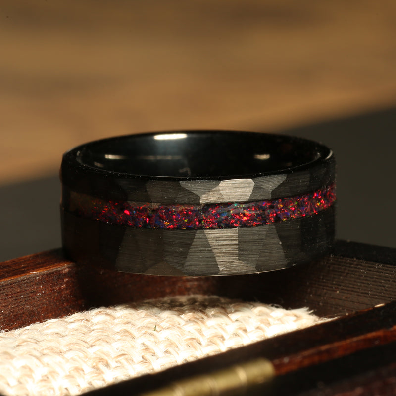 Red fire opal ring for men with black tungsten