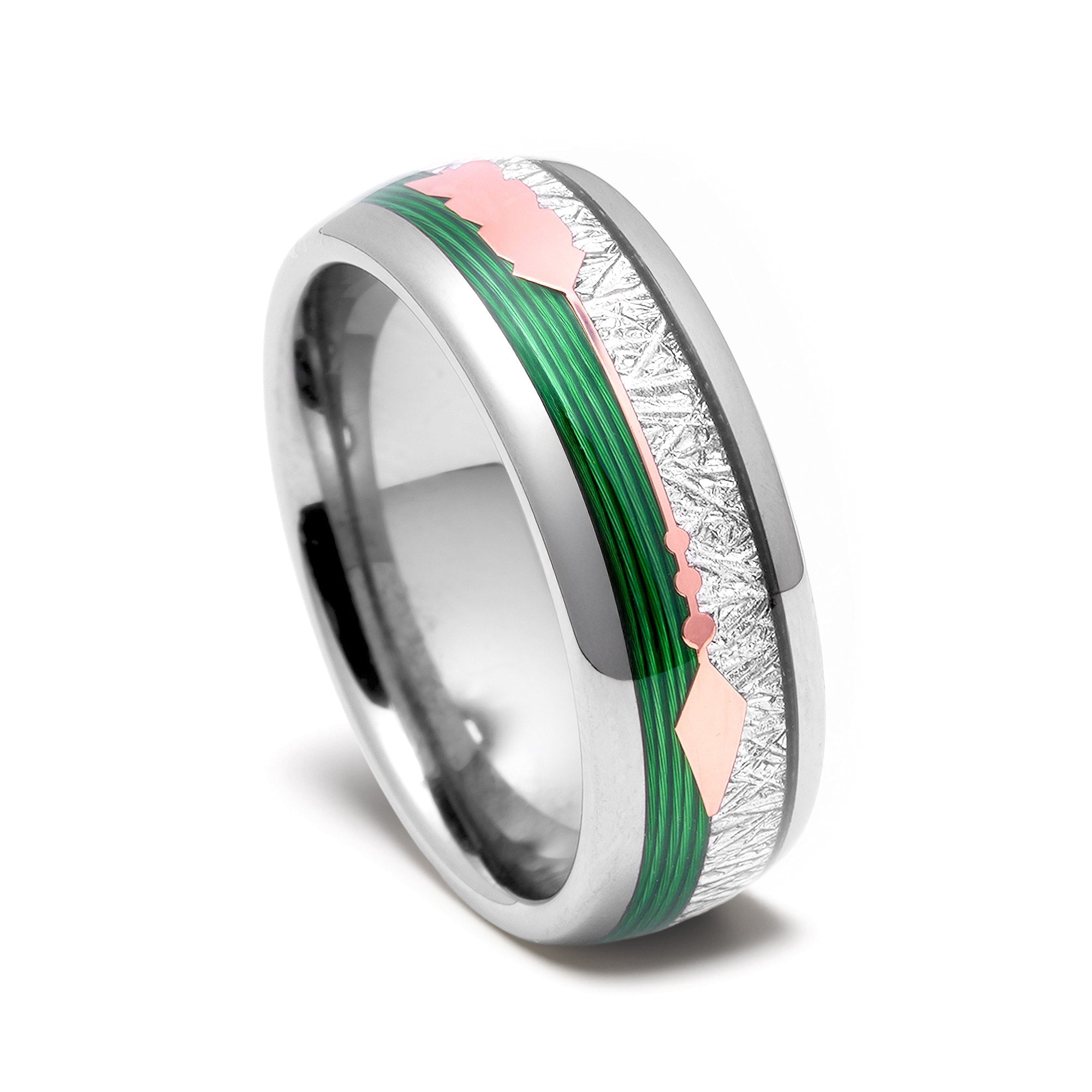 Meteorite Arrow Fishing Line Wedding Band for Men | 8mm Silver Tungsten Ring