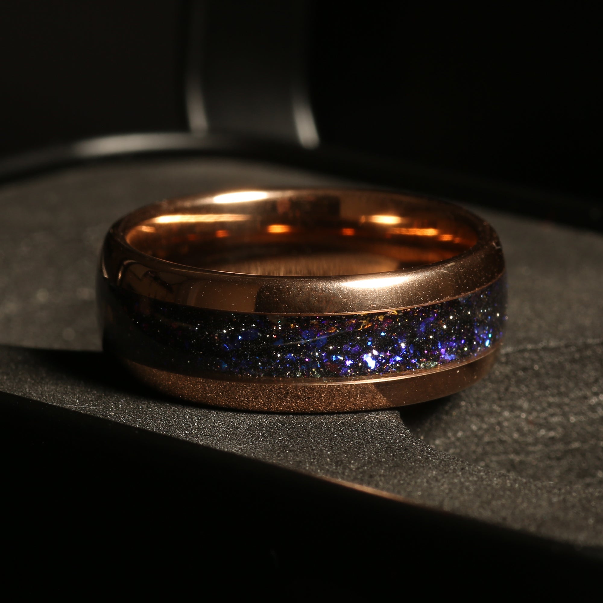 Meteorite Blue Opal Milky Way Wedding Band for Men | 8mm Rose Gold Tungsten Ring