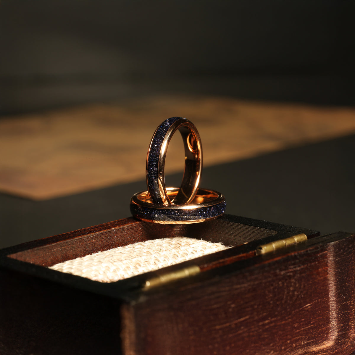 Rose gold Cosmo Flare sandstone ring set for his and hers