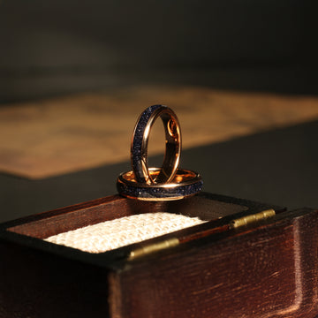 Cosmo Flare Sandstone Matching Wedding Band Set | His and Hers Rose Gold Tungsten Rings 5