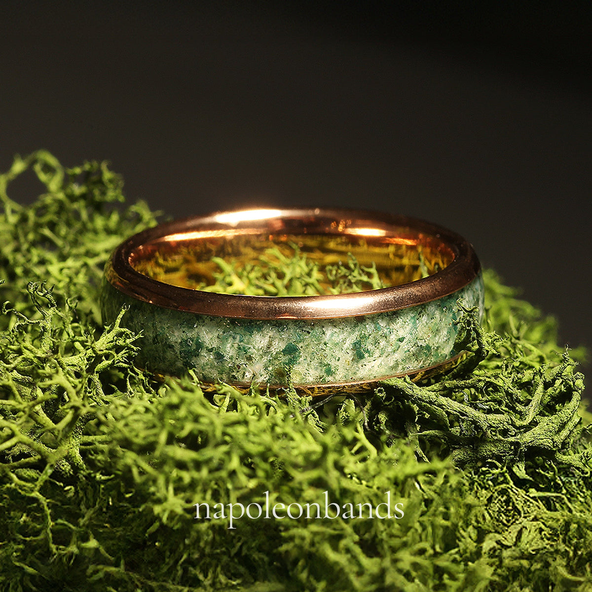 Rose gold domed moss agate ring set for his and hers