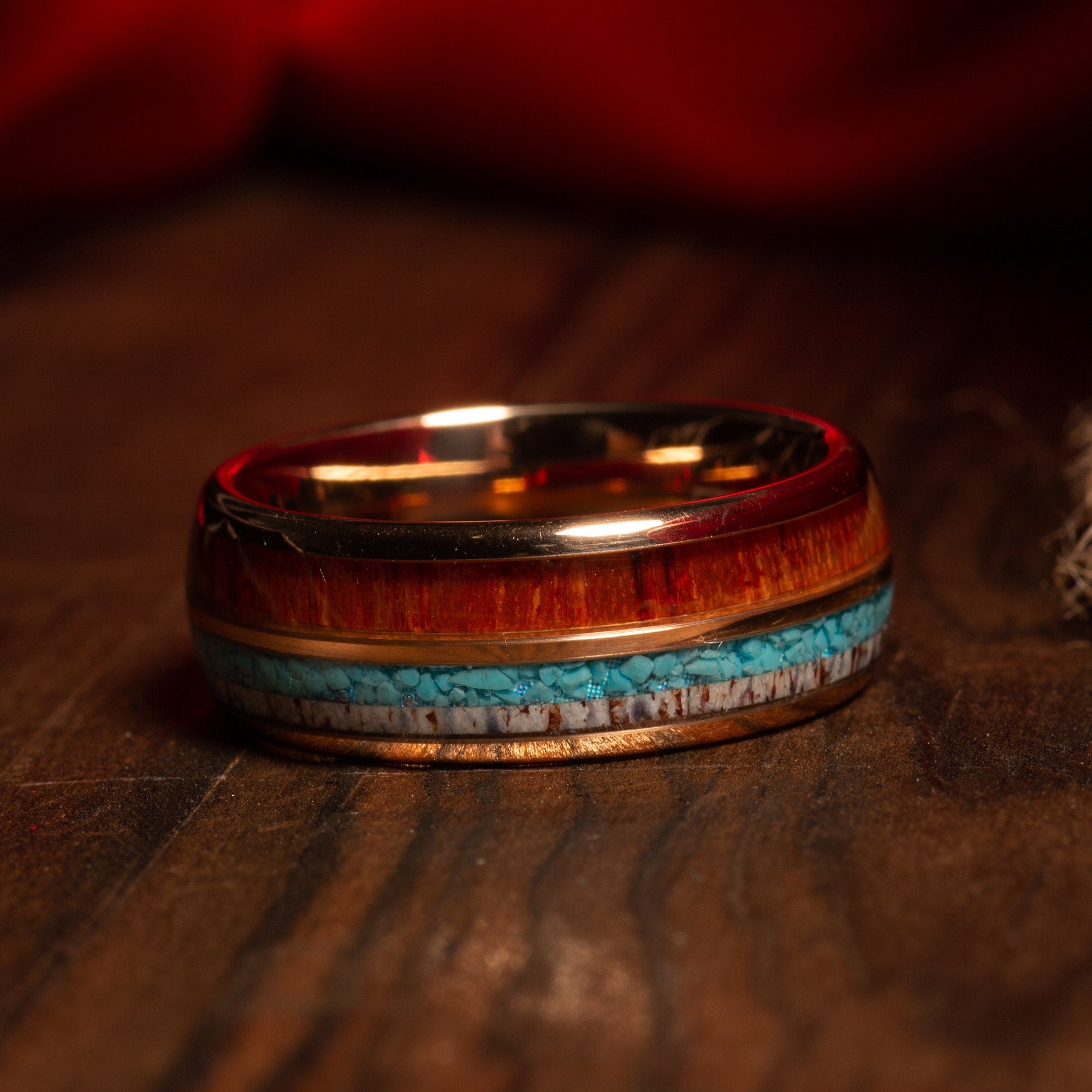 Koa Wood Deer Antler Turquoise Wedding Band for Men | 8mm Rose Gold Tungsten Ring