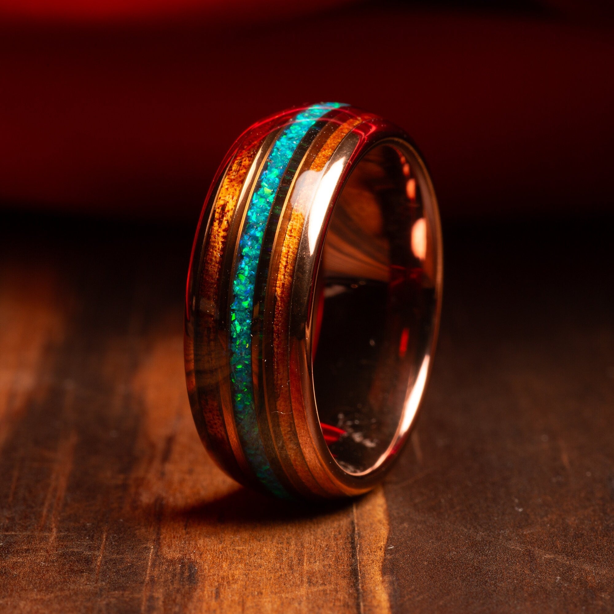 Koa Wood Blue Green Opal Wedding Band for Men | 8mm Rose Gold Tungsten Ring