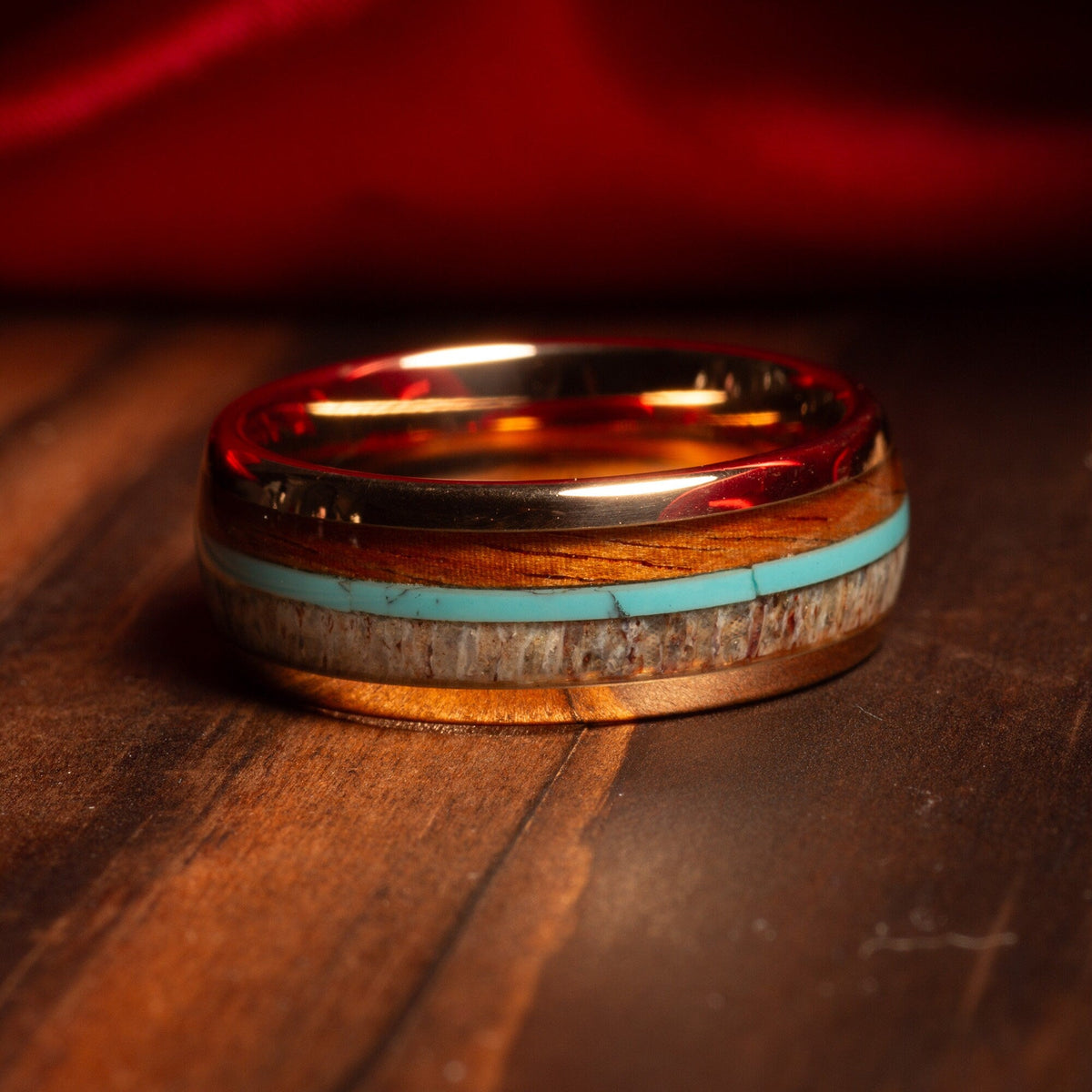 Rose gold koa wood turquoise ring for men with deer antler