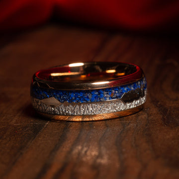 Meteorite Lapis Lazuli Wedding Band for Men | 8mm Rose Gold Tungsten Ring 6