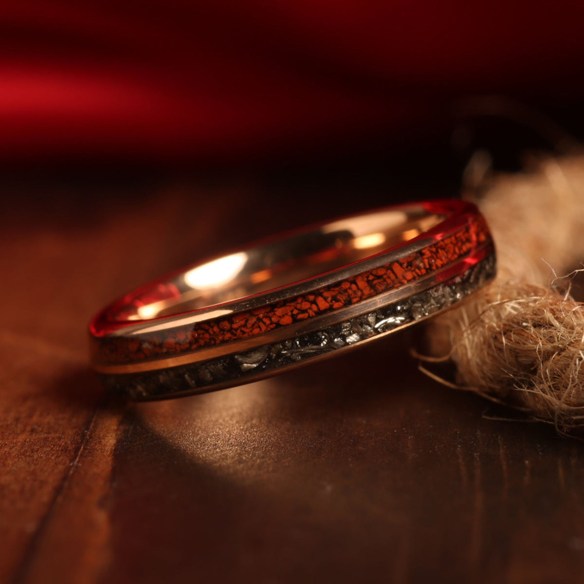 Rose gold meteorite dinosaur bone ring set for his and hers