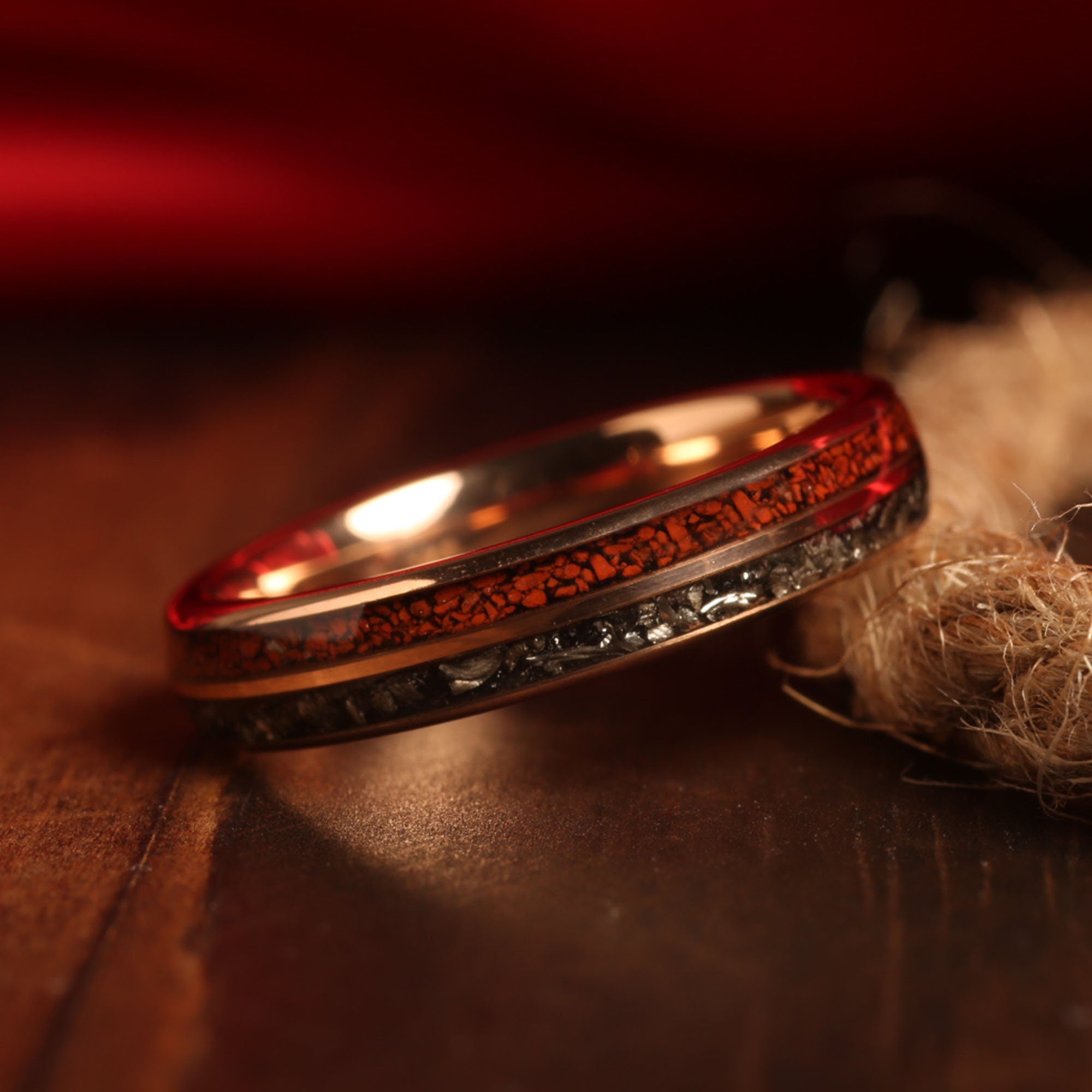 Meteorite Dinosaur Bone Matching Wedding Band Set | His and Hers Rose Gold Tungsten Rings