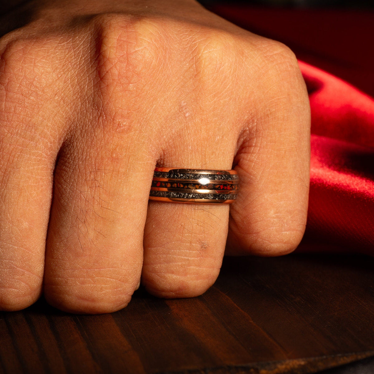 Rose gold meteorite dinosaur bone wedding band for men