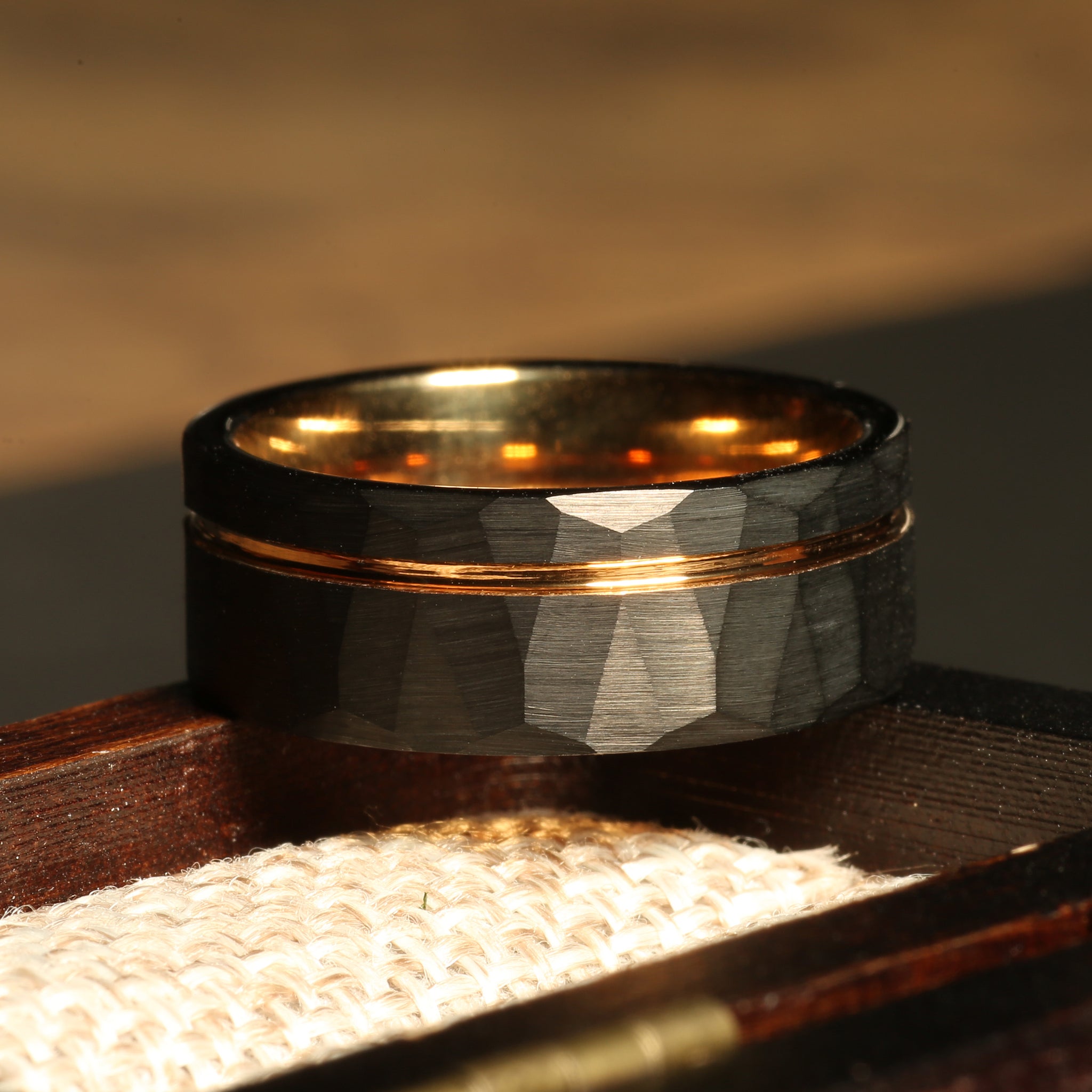 Rose Gold Strip Wedding Band for Men | 8mm Hammered Tungsten Ring