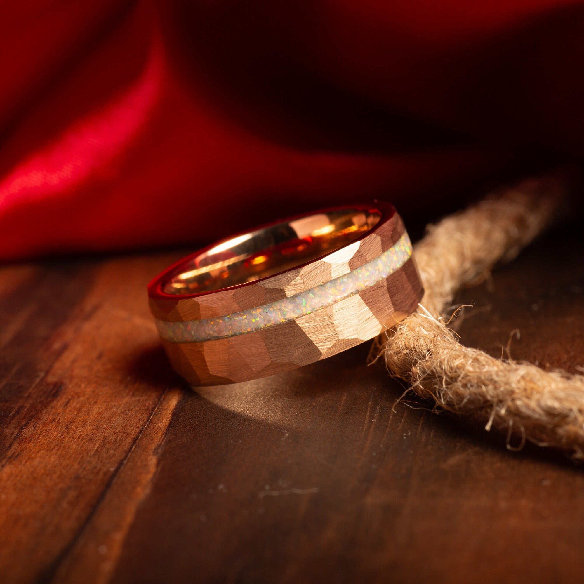 Rose Gold White Opal Wedding Band for Men | 8mm Hammered Tungsten Ring