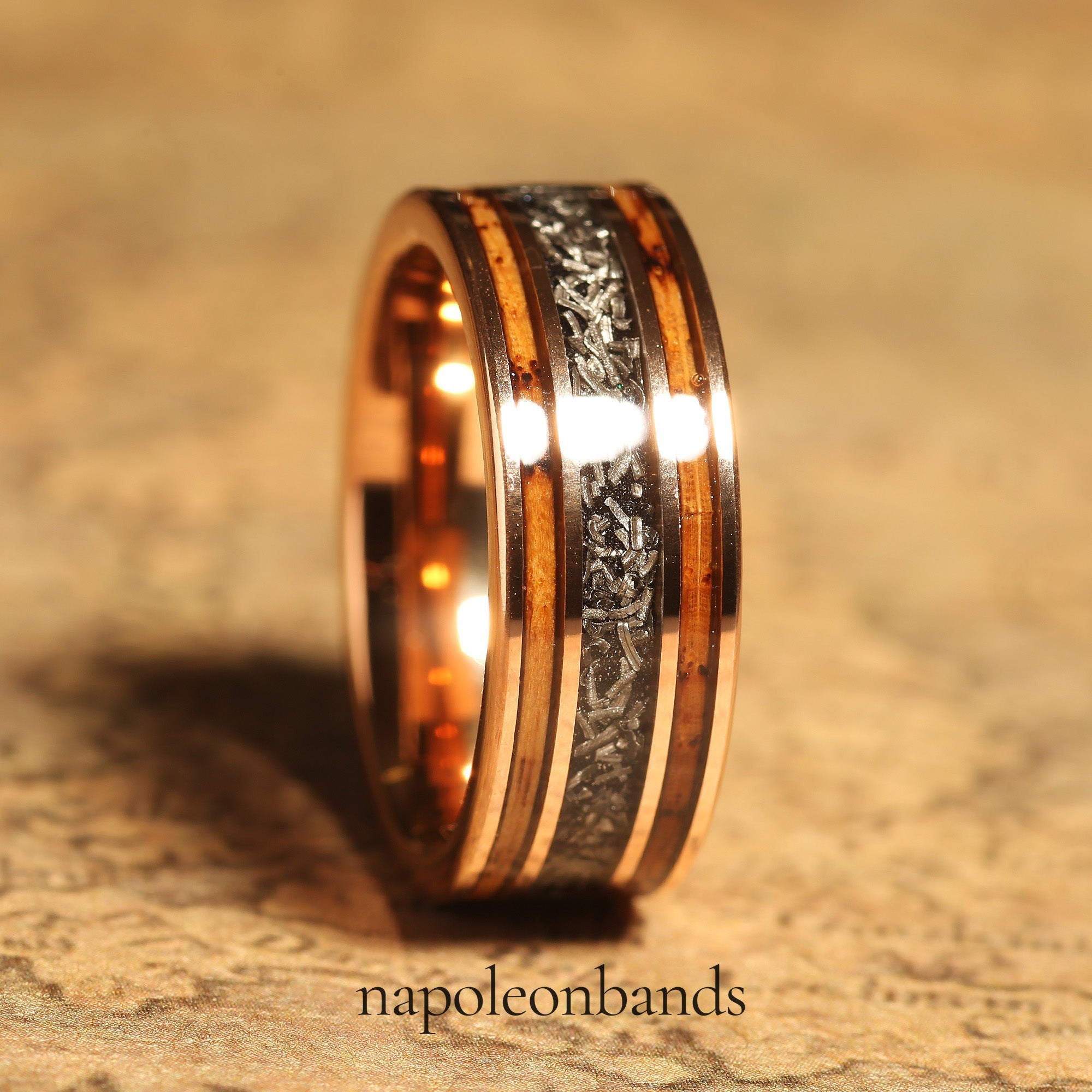 Whiskey Barrel Meteorite Wedding Band for Men | 8mm Rose Gold Tungsten Ring